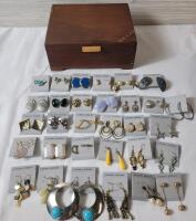 Large Lot Vintage Canada Jewelry Earrings (30 Pairs) + Wooden Box, Mixed Styles