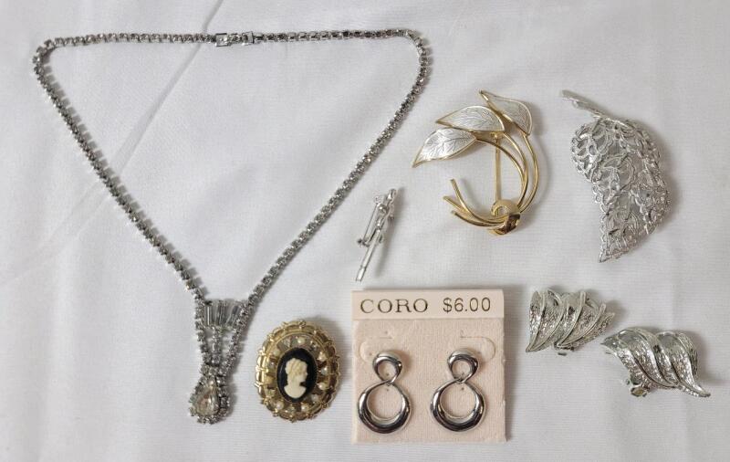 Vintage Costume Jewelry Lot &ndash; Rhinestone Necklace, CORO Clip Earrings, Brooches, Cameo