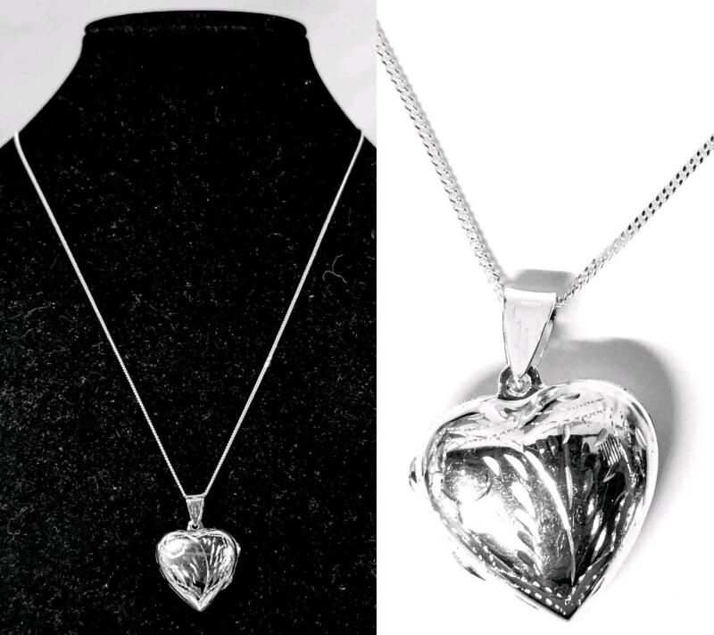 Vintage Etched Puffy Heart Locket on 18" Chain, Both Sterling Silver, Stamped 925