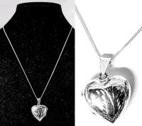 Vintage Etched Puffy Heart Locket on 18" Chain, Both Sterling Silver, Stamped 925