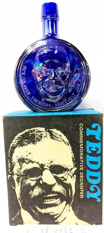 Vintage Wheaton/Nuline TEDDY ROOSEVELT Commemorative Cobalt Blue Luster Carnival Glass Decanter, 8" Tall, With a Box, No Chips or Cracks