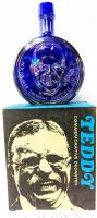Vintage Wheaton/Nuline TEDDY ROOSEVELT Commemorative Cobalt Blue Luster Carnival Glass Decanter, 8" Tall, With a Box, No Chips or Cracks