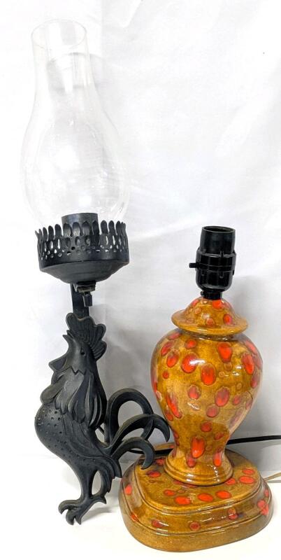 2 Vintage Lamps : Kitchy Rooster Wall Lamp w Hurricane Shade & Signed MCM Orange Drip Table Lamp, Tested For Power, No Chips or Cracks, Up To 18.5" Long (Bulbs Not Included)