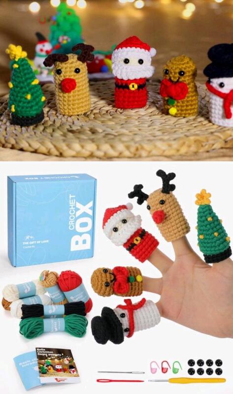 New NRCA-ZZ00260 CROCHET BOX Christmas Crochet Kit for Beginners - Christmas Finger Puppets Toys Crochet Kit, Starter Kintting, Include Step-by-Step Video Tutorial, Instruction, Yarns, Christmas Gift for Adults Kids
