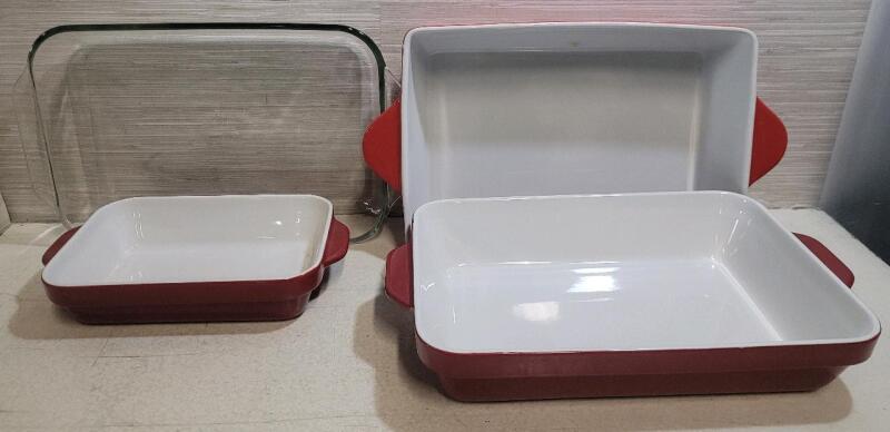 KitchenAid Red Stoneware approx measurements 9"x13" & 8"x10" Baking Dish Set with Glass 9"x13" Casserole smaller baking stoneware