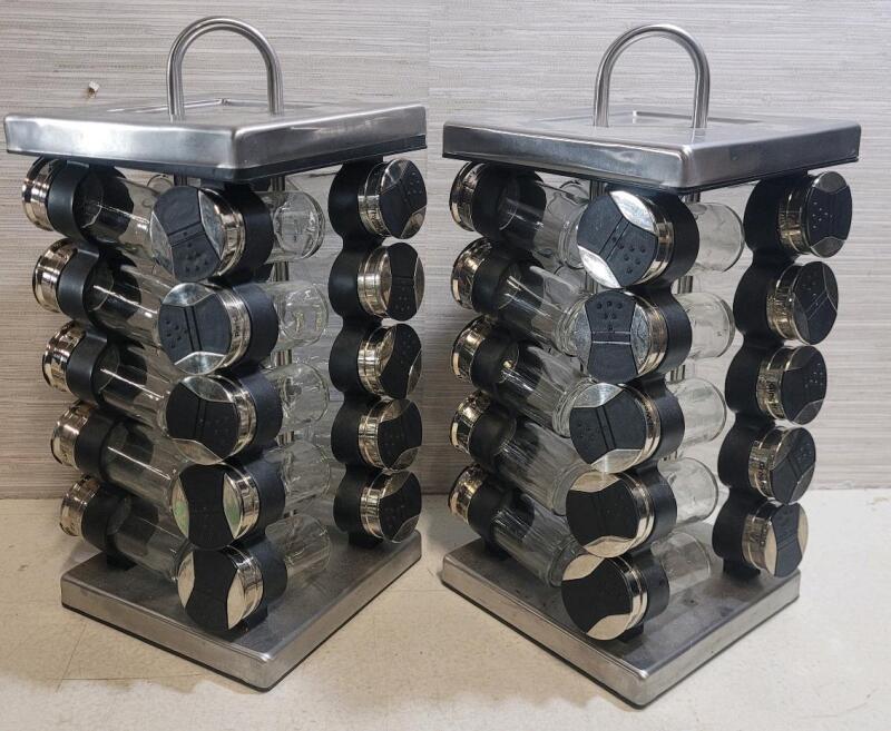 Rotating Stainless Steel Spice Rack Set with 32 Glass Jars, Pre-labeled, Carousel Design