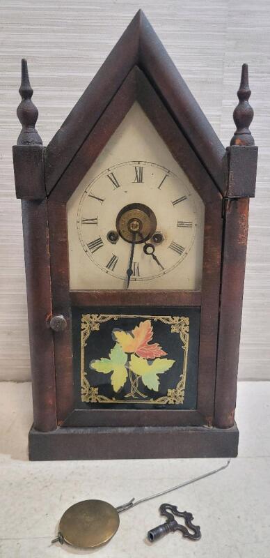 Antique New Haven Small Gothic Mantel Alarm Clock, 1-Day, ca. 1870s, Original Paint & Key