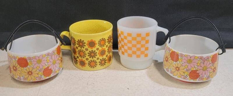 Vintage Retro Flower & Checkerboard Mugs + Wire Handle Soup Bowls Set, 1960s-1970s Style, 4pc