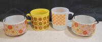 Vintage Retro Flower & Checkerboard Mugs + Wire Handle Soup Bowls Set, 1960s-1970s Style, 4pc