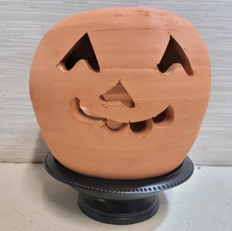 Terracotta Jack-o'-Lantern Candle Holder, 7.5"x9", Carved Face, Black Pedestal Base