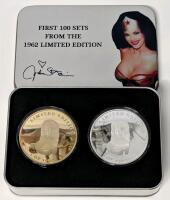 [Rare] Limited Edition JULIE STRAIN (1962&ndash;2021) FANS CLUB Wonder Woman Collectable Medallion Pair in Collectable Metal Tin, February 18, 1962 Concord California, From First 100 Sets, Coins in Hard Protective Cases, 2.3" Diameter Each