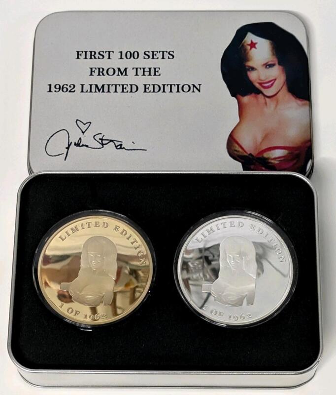 [Rare] Limited Edition JULIE STRAIN (1962&ndash;2021) FANS CLUB Wonder Woman Collectable Medallion Pair in Collectable Metal Tin, February 18, 1962 Concord California, From First 100 Sets, Coins in Hard Protective Cases, 2.3" Diameter Each