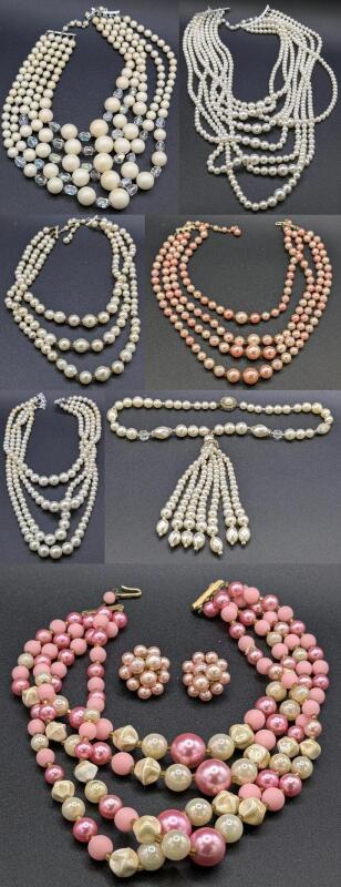 Assorted Vintage Faux Pearl & Beaded Necklaces + Clip-On Earrings, Most Stamped Japan, Multi-Strand & Tassel, Up To 18" Long, 1 Necklace Missing Hook Clasp