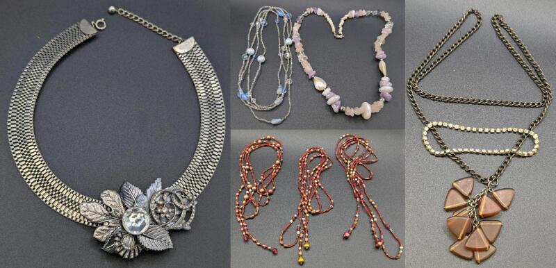 Vintage Necklaces Up To 72" Long Incl 3 Beaded Wrap Necklaces, Polished Semi-Precious Stones & Freshwater Pearls, Crystal + Rhinestone Line Bracelet
