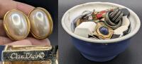 SIGNED CHRISTIAN DIOR & TRIFARI : Assorted Vintage Clip-On Earrings In Handmade Stoneware Bowl 5" Diam &times; 2.5" Tall