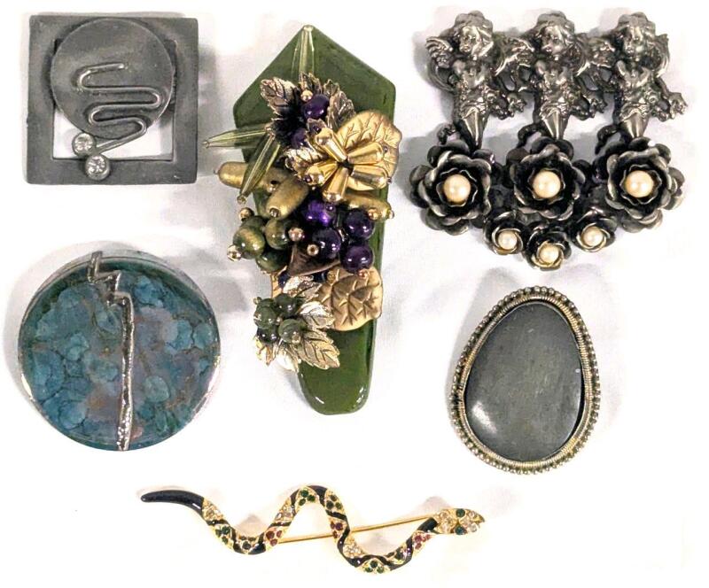 6 Vintage Brooches Up To 4" Long