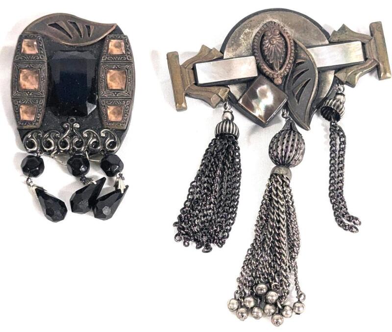 2 Vintage Signed TRISH ROGERS Art Deco Brooches, Up To 4.8" Long