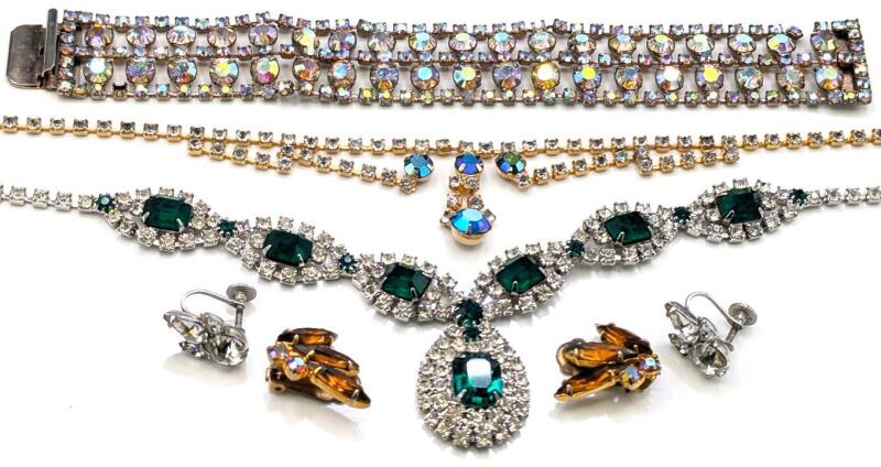 2 Vintage Rhinestone Necklaces Up To 16", AB Wash Rhinestone Bracelet, 2 Pairs Earrings: Clip-On & Screw-Back , Missing Stones, Small Break in Bracelet
