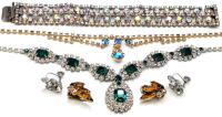 2 Vintage Rhinestone Necklaces Up To 16", AB Wash Rhinestone Bracelet, 2 Pairs Earrings: Clip-On & Screw-Back , Missing Stones, Small Break in Bracelet