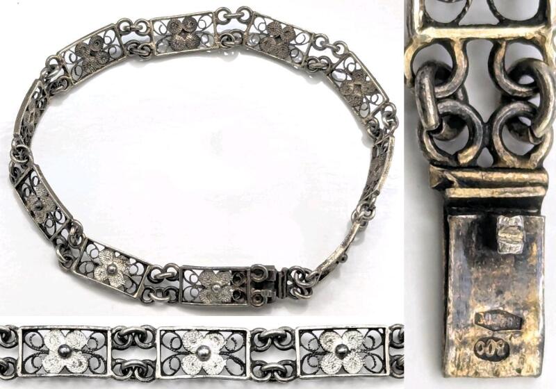 Vintage Sterling Silver Filigree Panel Bracelet Intricate Floral Wirework Design, Box Clasp. 6.5" Long