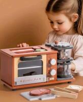 New ROBOTIME Play Kitchen Toys Accessories - Wooden Breakfast Machine Kitchen Toy for Kids with Coffee Maker and Pretend Play Food Sets - Kitchen Playset Appliances Toy for Toddlers (Caramel)