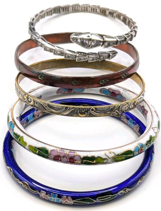 4 Vintage Bangles Incl 1 Stamped, Brass, Enamel + Modern Rhinestone Snake Bracelet