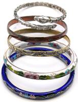 4 Vintage Bangles Incl 1 Stamped, Brass, Enamel + Modern Rhinestone Snake Bracelet