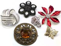 6 Vintage Brooches Up To 2" Diameter