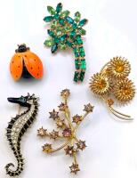 5 Vintage Brooches incl 2.5" Palm Tree (Glows Under Blacklight, Photographs Poorly)