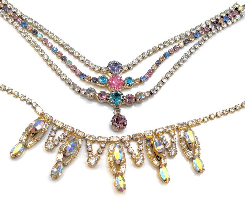 2 Vintage Rhinestone Necklaces Incl Signed AB Aurora Borealis JAY FLEX Sterling & Multicolor, Up To 15.5" Long