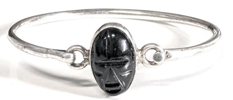 Vintage Taxco Mexico 925 Sterling Silver Black Onyx Carved Mask Bracelet, 2.5" &times; 2"