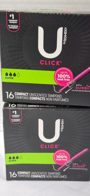 2 New Packs of 16 KOTEX UClick Tampons, Super Absorbent, Unscented
