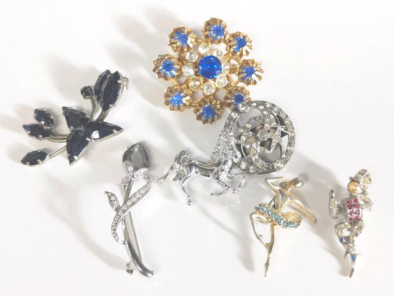 6 Vintage Brooches Up To 2" Long, Some Missing Stones