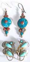2 Vintage Pairs Sterling Silver Stamped 925 Earrings : Turquoise + Coral Pierced (Missing 1 Piece Coral) & Turquoise Clip-Ons