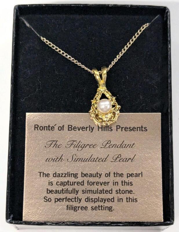 Vintage Ronte of Beverly Hills The Filigree Pendant with Simulated Pearl on 18" Magnetic Chain