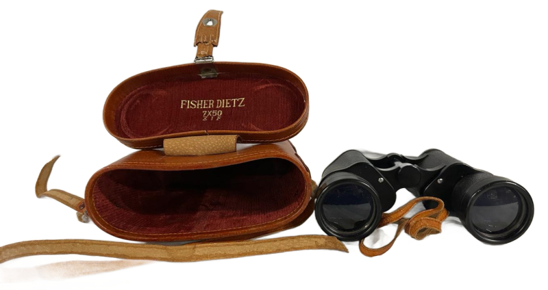 Vintage Fisher Dietz 7x50 Binoculars, Porro Prism, 372ft FOV, Leather Case, Serial #25974