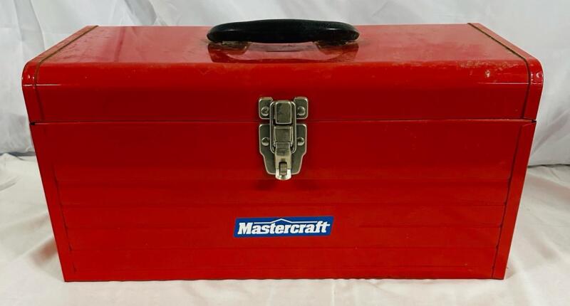 Mastercraft Metal Tool Box, Red, 19", Steel Construction, Removable Tray, Single Latch