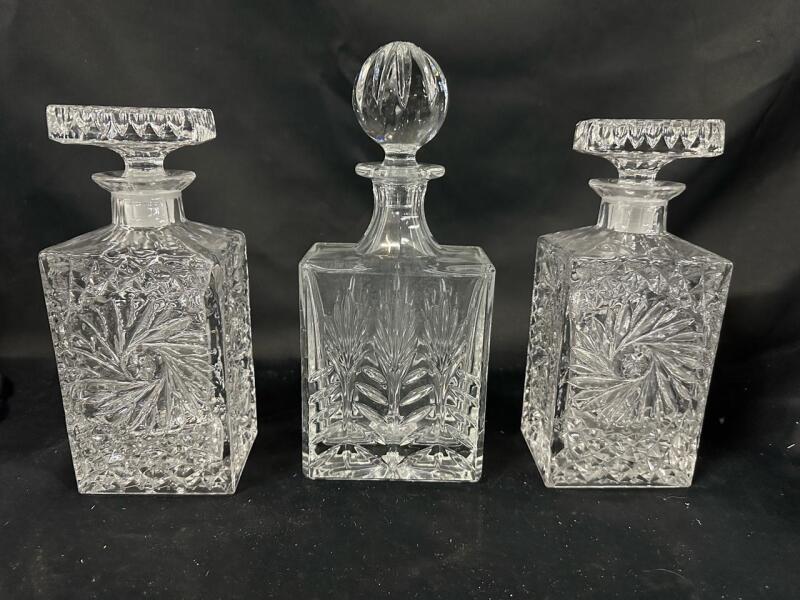 3 Cut Crystal Decanters, Clear, 2 Square & 1 Round Stopper, Starburst Pattern, 10-12" Tall