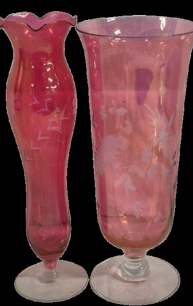 Pair of Pink Hand-Blown Etched Art Glass Vases, Floral and Grape Motifs, ~12 Inches Tall