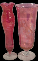 Pair of Pink Hand-Blown Etched Art Glass Vases, Floral and Grape Motifs, ~12 Inches Tall