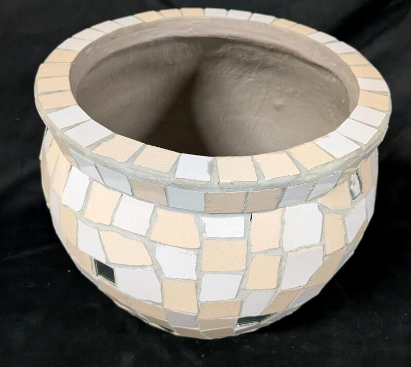 Handmade Mosaic Ceramic Planter, Neutral Tile Design, Approx. 12" Diameter, Indoor Use