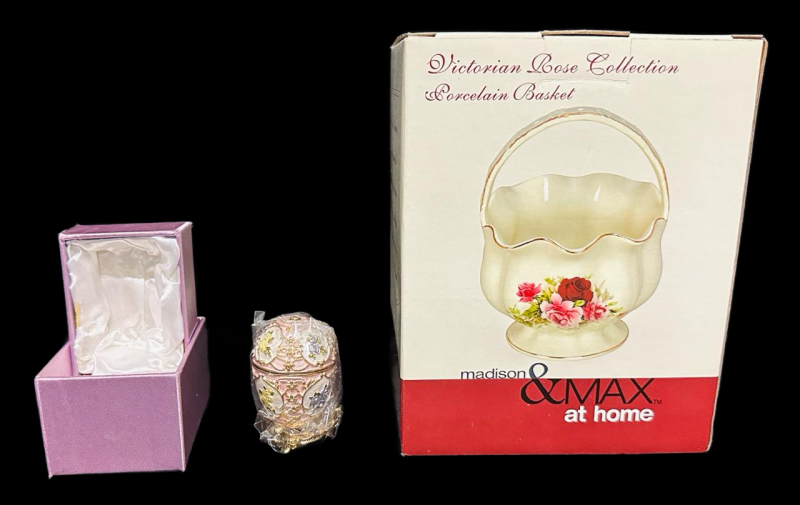 Victorian Rose Collection Porcelain Basket, 6-3/4", Madison & Max, Gold Trim, Boxed & Decorative Ornate Egg Box