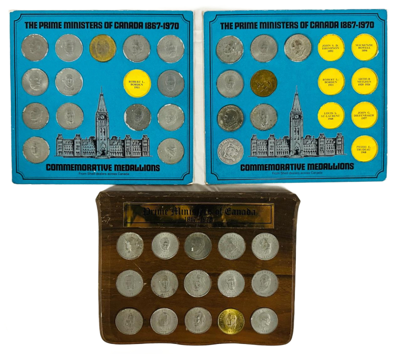 Shell Canada 1867&ndash;1970 Prime Ministers Commemorative Medallions Set w/Walnut Plaque, 15 Coins