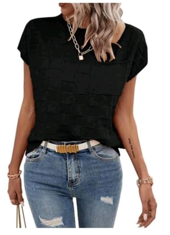 New Size SM Women's AOISAGULA Knit Crew Neck Short Sleeve Top Black S, Pocket, Relaxed Fit, X0046002PF