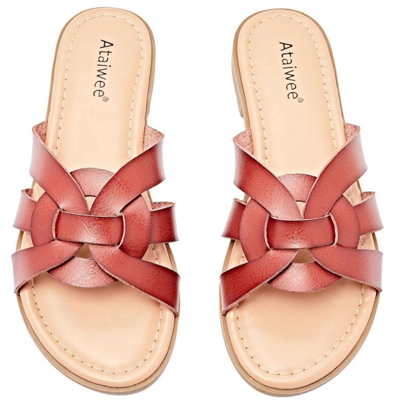 New Size 10W Women's Ataiwee Flat Slip-On Wide Women's Sandals, Brown