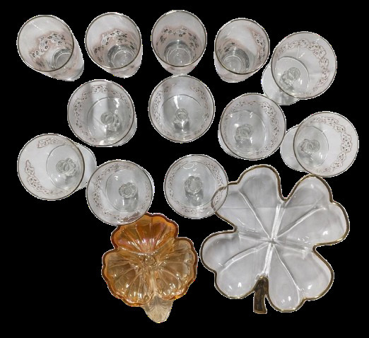 Vintage Floral-Etched Glassware : 14 Pc: 8 Coupes, 4 Tumblers, Clover & Amber Relish Trays