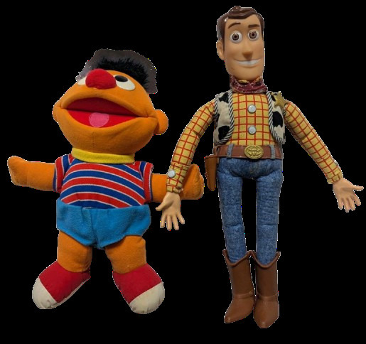 Thinkway Disney Woody 16" Pull-String Talking Doll (Toy Story - Does Not Speak When Cord Pulled) & Vintage 1996 Tyco Ernie 13" Talking Doll (Sesame Street) - Untested