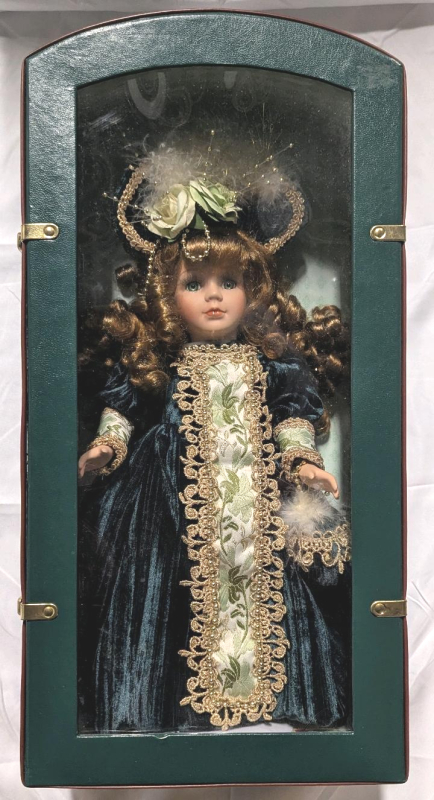 Victorian Style Porcelain Doll w/ Blue Velvet Dress in Arched Display Case, 16" - Stock KX0486A