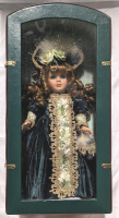 Victorian Style Porcelain Doll w/ Blue Velvet Dress in Arched Display Case, 16" - Stock KX0486A