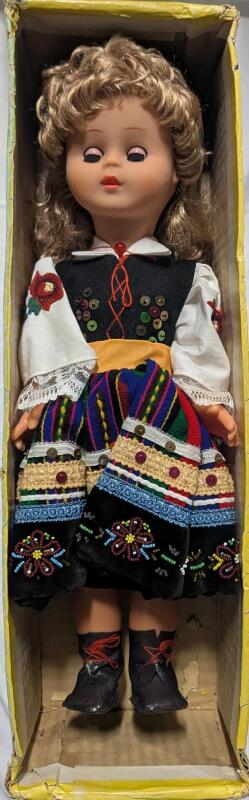 Vintage Polish Folk Costume Sleeping Doll "Lalka Śpiąca" by Powiśle, c.1970s, 16 in, Original Box